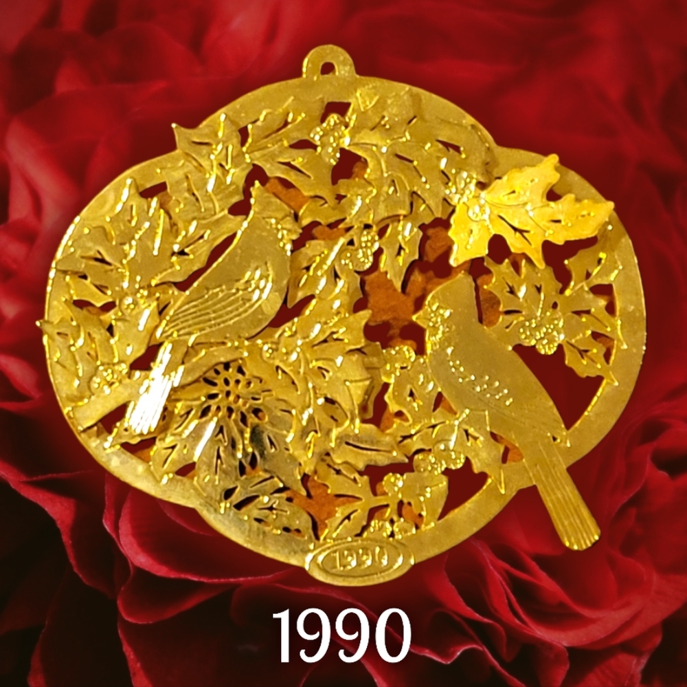 Vtg 1990 Hallmark Gold Plated Cardinal Birds Christmas Ornament